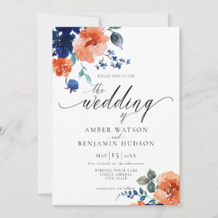 Invitación Boho elegante Naranja floral quemado por la marina