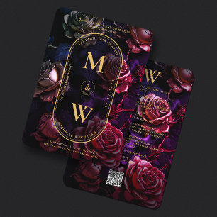 Invitación Boho elegante oro rojo Rosa del cráneo del monogra