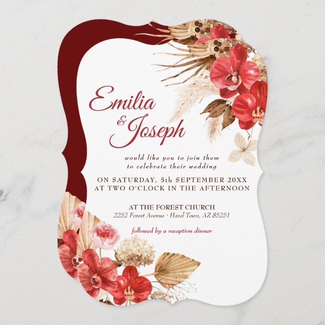 Invitación Boho elegante orquídea roja caída personalizada Bo (Anverso / Reverso)