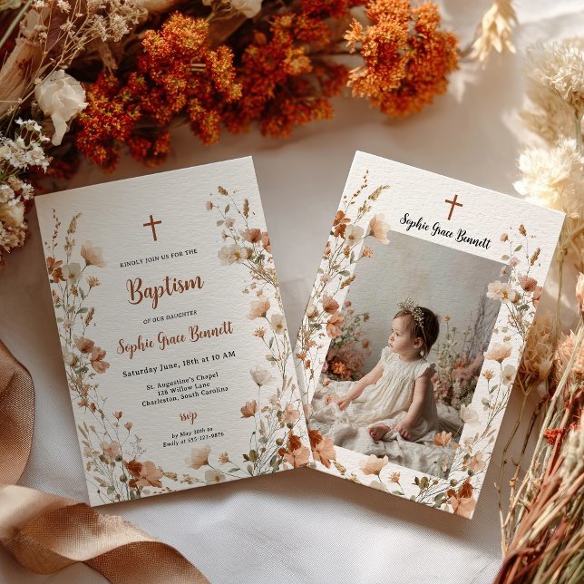 Invitación Boho elegante Wildflower Dusty Rosa Foto Bautismo (Boho elegant Wildflower Dusty Rose Photo Baptism Invitation)