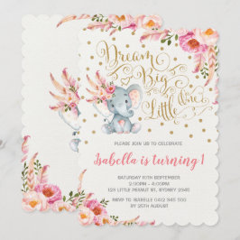 Invitación Boho Elephant Birthday Invitation Dream Big Floral