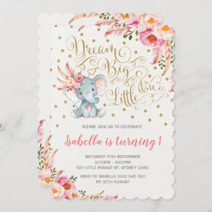 Invitación Boho Elephant Birthday Invitation Dream Big Floral