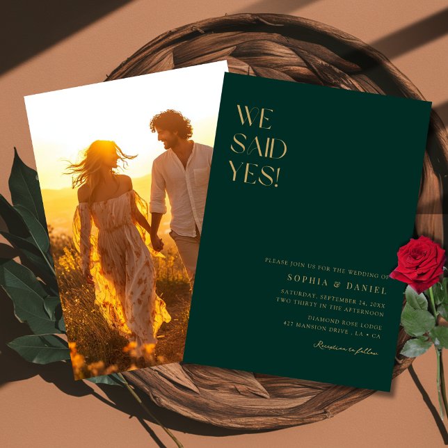 Invitación Boho Emerald Green Gold Dijimos Sí Foto Boda (Subido por el creador)