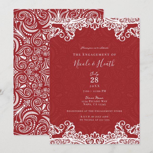 Invitación Boho Encaje Rojo y Blanco Patrón Audaz Compromiso (Anverso / Reverso)