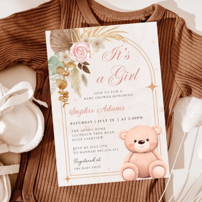 Invitación Boho es un Baby Shower rosado Chica Teddy Bear (Subido por el creador)