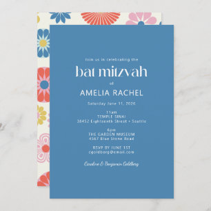 Invitación Boho Escandinavo Flor Azul Bat Mitzvah