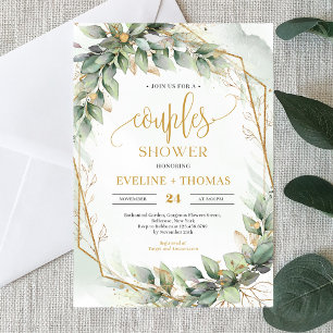 Invitación Boho eucalipto verde purpurina de oro duchas