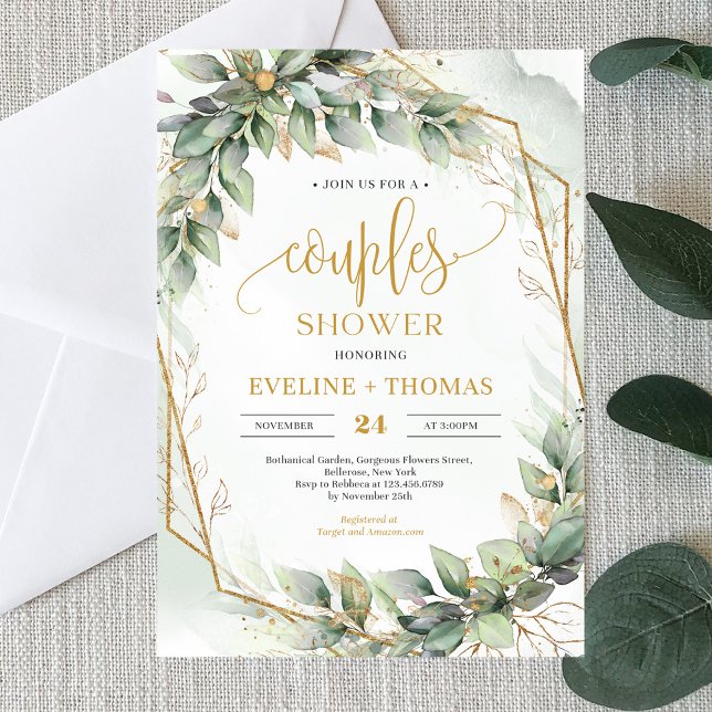 Invitación Boho eucalipto verde purpurina de oro duchas (Boho watercolor green eucalyptus and gold glitter couples shower invitation)
