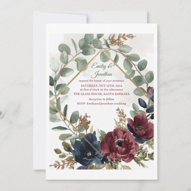 Invitación Boho Eucalyptus and Dark Red Flowers Wedding Invit (Anverso)