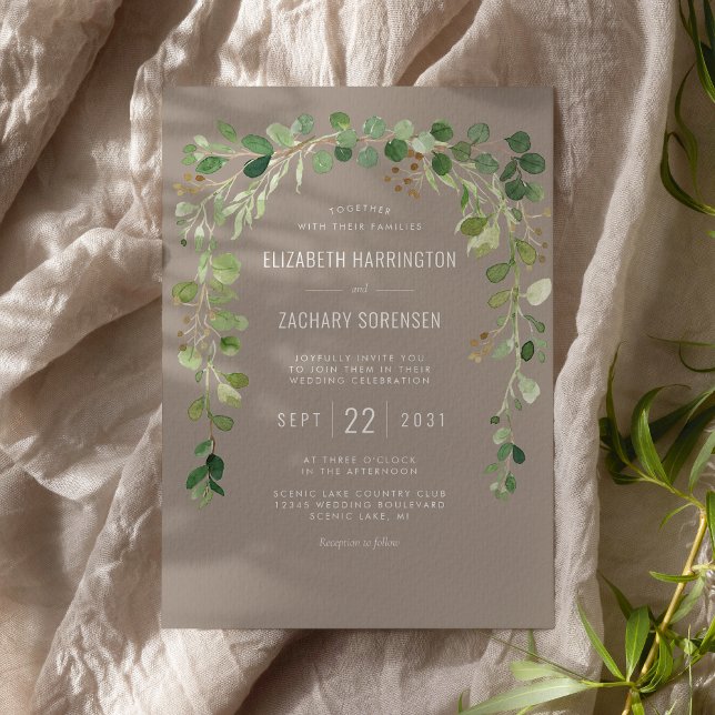 Invitación Boho Eucalyptus Arch Neutral Taupe Rustic Boda (Subido por el creador)