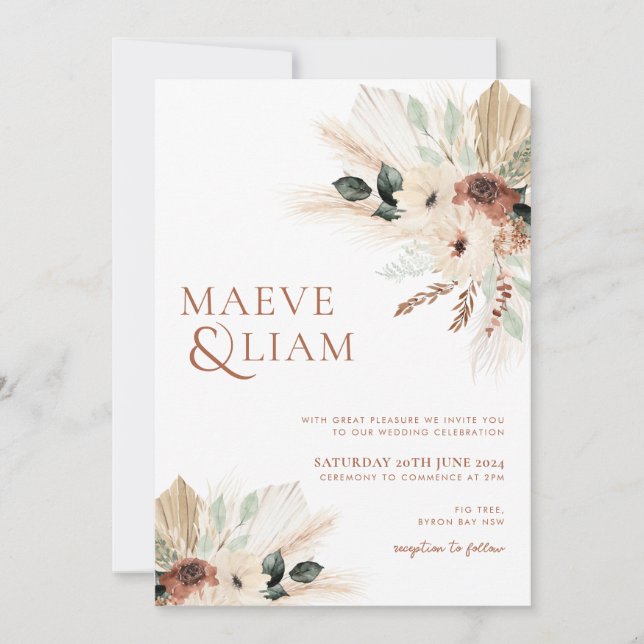 Invitación Boho Eucalyptus Green Flowers Pampas Boda (Anverso)