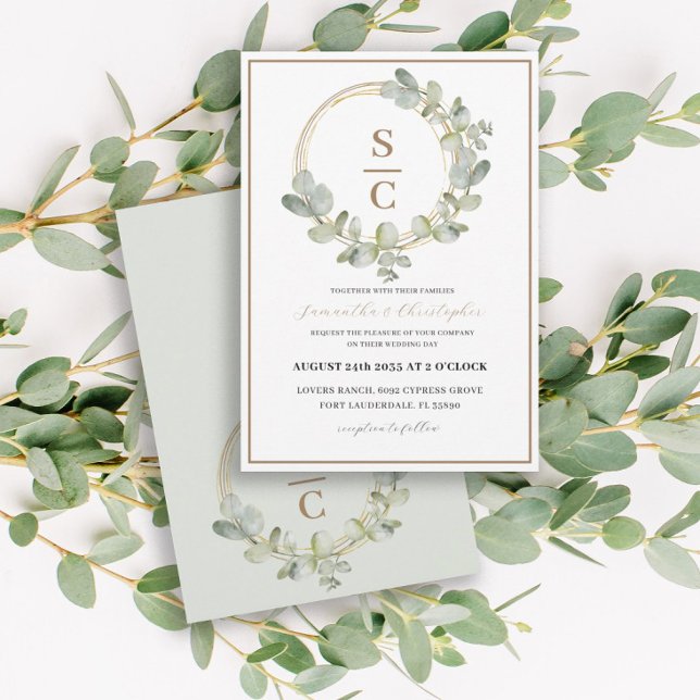 Invitación Boho Eucalyptus Green & Gold Wreath Boda (Subido por el creador)