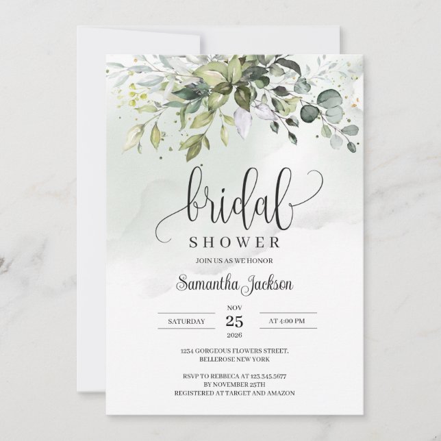 Invitación Boho Eucalyptus Greenerenery Floración chispas dor (Anverso)