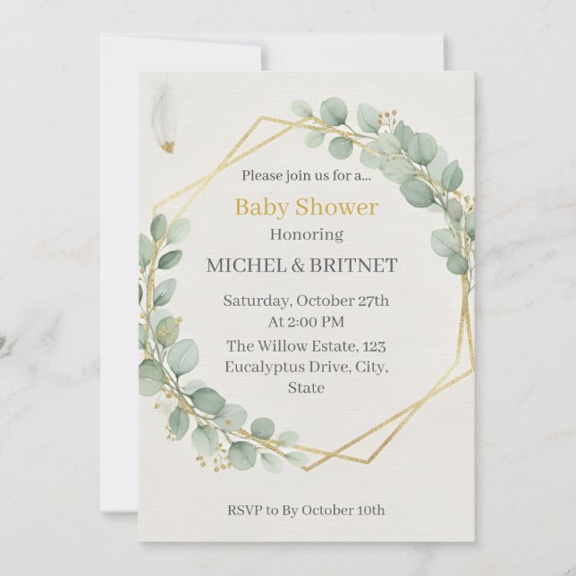 Invitación Boho Eucalyptus Greenery Gold  Baby Showers (Anverso)