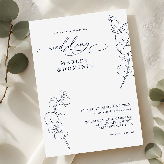 Invitación Boho Eucalyptus Springs Navy Blue & White Wedding (Subido por el creador)