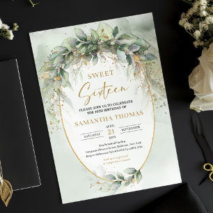 Invitación Boho eucalyptus verde oro dulce dieciséis