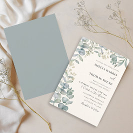 Invitación Boho Eucalyptus Watercolor Azul & Beige Boda