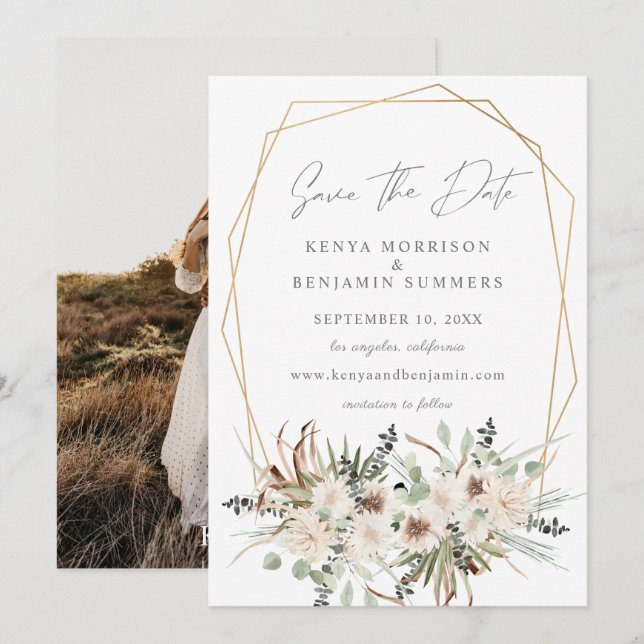 Invitación Boho Eucalyptus y Beige Floral Salven la foto de l (Anverso / Reverso)