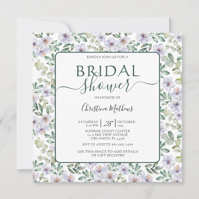 Invitación Boho Eucalyptus y Floral Green Bridal Shower (Anverso)