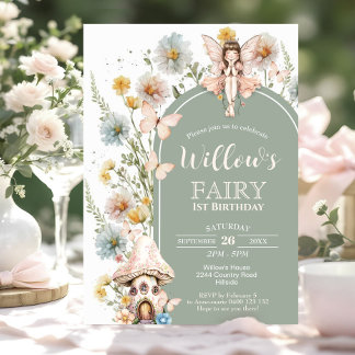 Invitación BOHO Fairy 1st Birthday Invitation Wildflower Sage