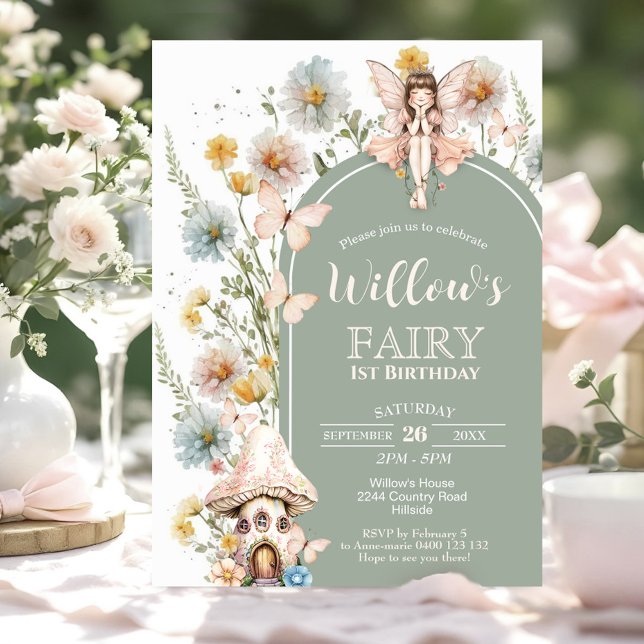 Invitación BOHO Fairy 1st Birthday Invitation Wildflower Sage (Wildflower Fairy 1st Birthday Invitation in Sage green. Forest Fairy with fairy house)