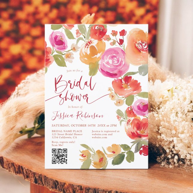 Invitación Boho Fall acuarela floral QR ducha de novia (Boho Fall floral watercolor QR bridal shower Invitation)