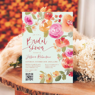 Invitación Boho Fall acuarela floral QR menta ducha de novia