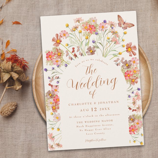 Invitación Boho Fall Boda Floral de mariposa silvestre (Boho fall Wildflower butterfly floral Wedding invitation Terracotta ivory cream beige burnt orange)