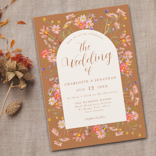 Invitación Boho Fall Boda Naranja de Flores Silvestres (Boho Wildflower arch fall burnt Orange terracotta wedding invitation with watercolor dried flowers)