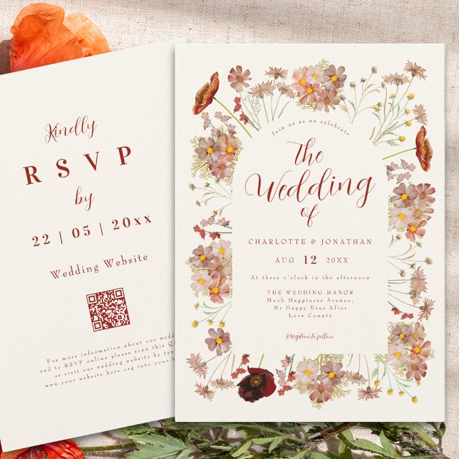 Invitación Boho Fall Boda Naranja de Flores Silvestres (Boho wildflower elegant fall wedding qr code invitation in earthy tones)