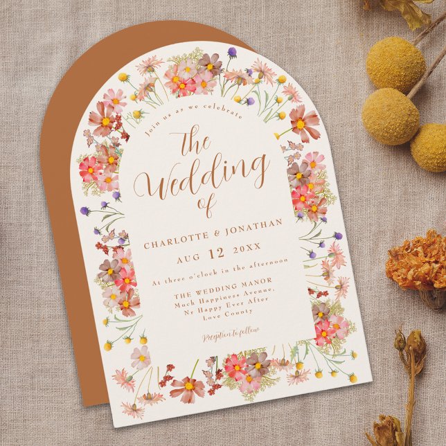 Invitación Boho Fall Boda Naranja del Arco de Flor Silvestre (Boho fall Wildflower arch burnt orange Wedding invitation watercolor rustic dried flowers)