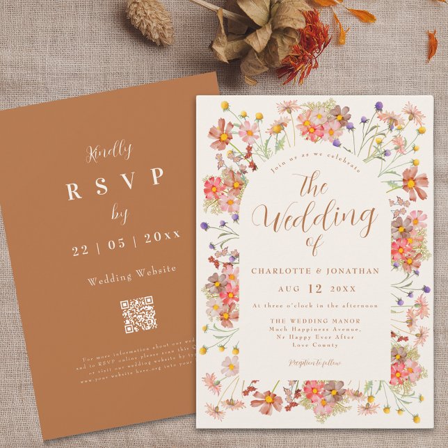 Invitación Boho Fall Boda Naranja del Arco de Flor Silvestre (Boho fall wildflower arch terracotta burnt orange elegant wedding invitation with dried flowers)