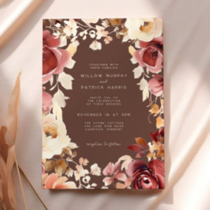 Invitación Boho Fall Cream Floral Brown Burgundy Boda