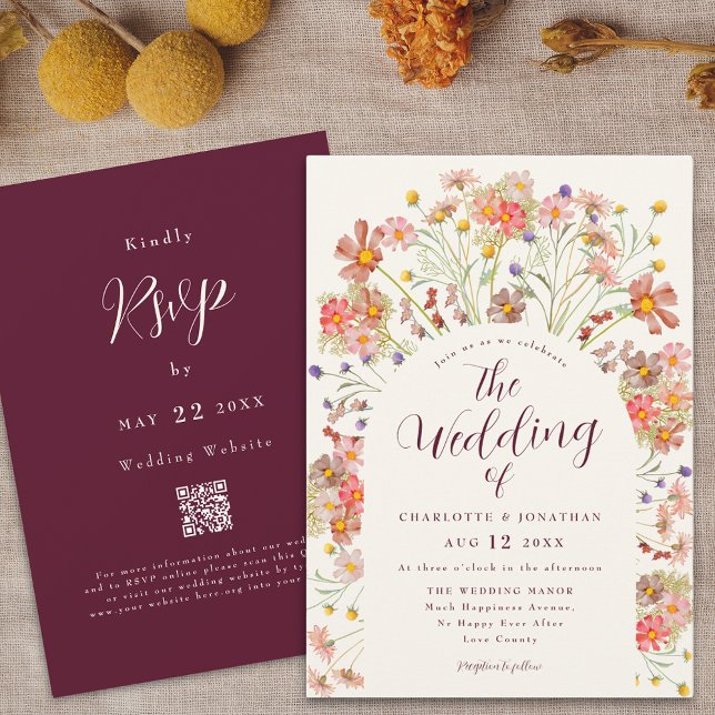 Invitación Boho Fall Floral Arch Burgundy Cream Boda (Boho fall rustic wildflowers floral arch burgundy ivory cream wedding qr code invitation Watercolor)