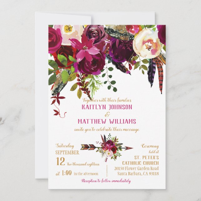 Invitación Boho Fall Floral Arrow Bouquet Boda (Anverso)