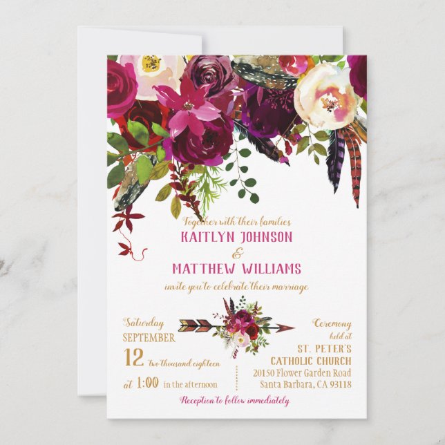 Invitación Boho Fall Floral Arrow Bouquet Boda (Anverso)