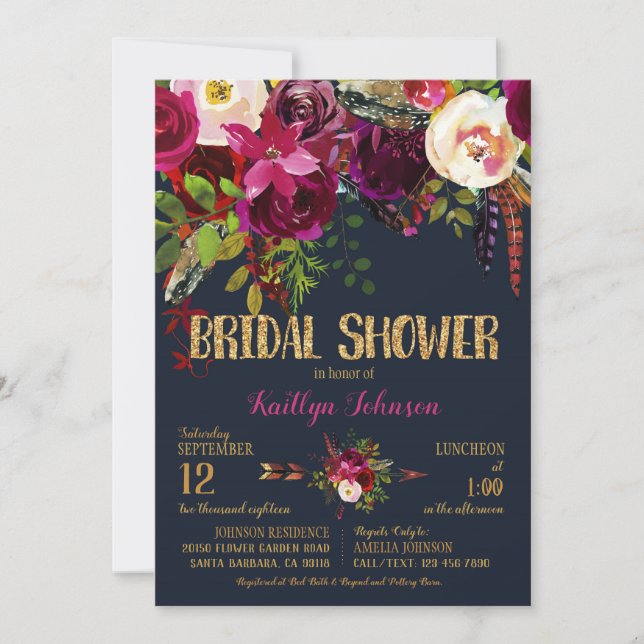 Invitación Boho Fall Floral Arrow Bouquet Bridal Shower (Anverso)