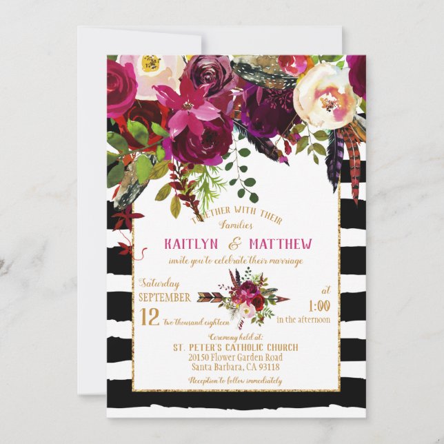 Invitación Boho Fall Floral Arrow Bouquet Strike Boda (Anverso)