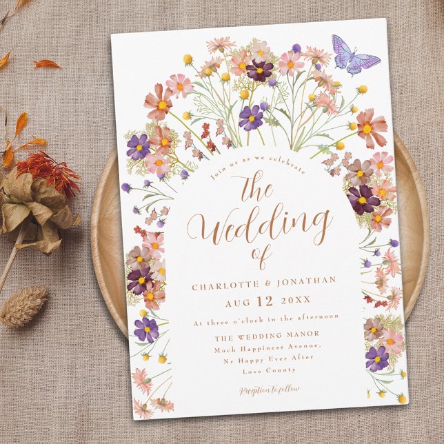 Invitación Boho Fall Floral Butterfly Boda (Boho fall rustic floral wedding invitation colorful whimsical watercolor wildflowers and butterfly)