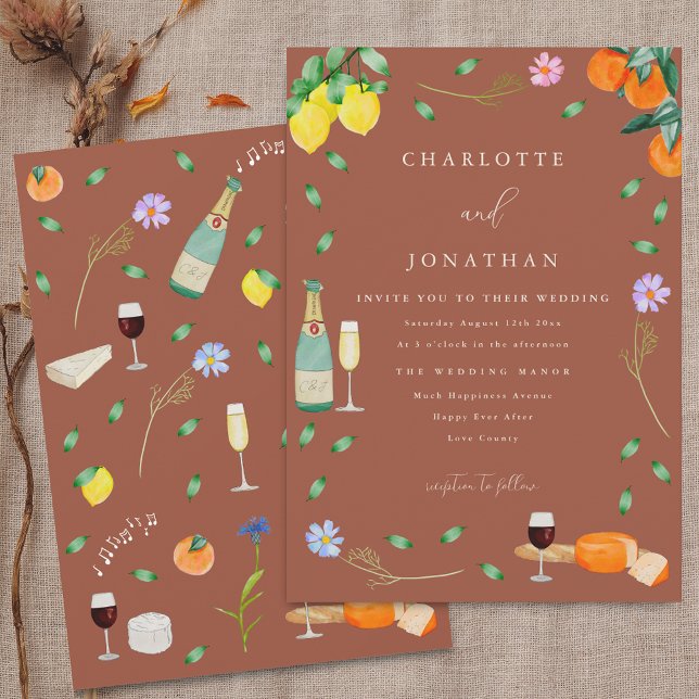 Invitación Boho Fall Floral Citrus Terracotta Beige Wedding (Boho fall rustic citrus terracotta beige wedding invitation Wine and cheese lemons oranges music )