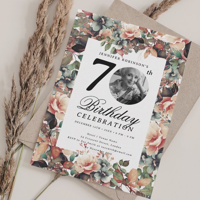 Invitación Boho Fall Floral Garden Photo 70th Birthday  (Boho Fall Floral Garden Photo 70th Birthday Invitation)