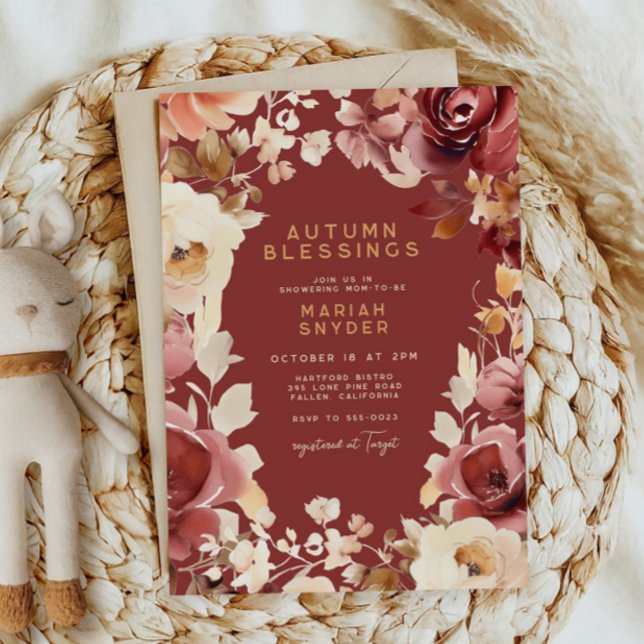 Invitación Boho Fall Floral Gold Cream Scarlet Baby Shower (Subido por el creador)