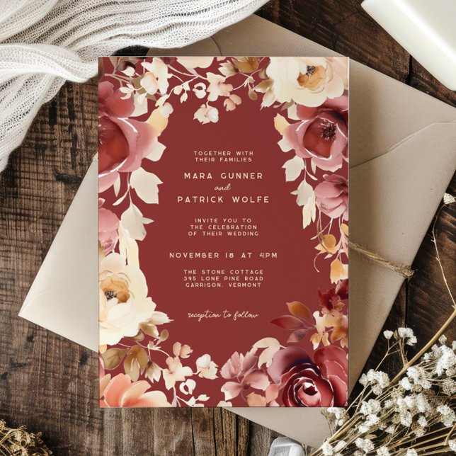 Invitación Boho Fall Floral Gold Cream Scarlet Boda (Subido por el creador)