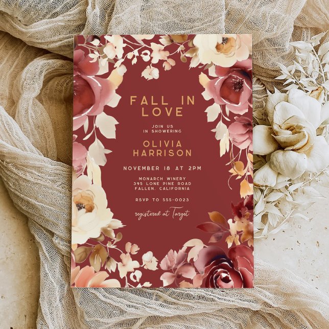 Invitación Boho Fall Floral Gold Cream Scarlet Brillante Duch (Subido por el creador)