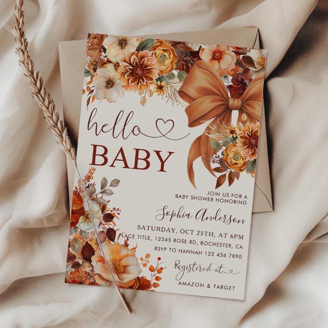 Invitación Boho Fall Floral Hello Baby Baby Shower Party (Subido por el creador)