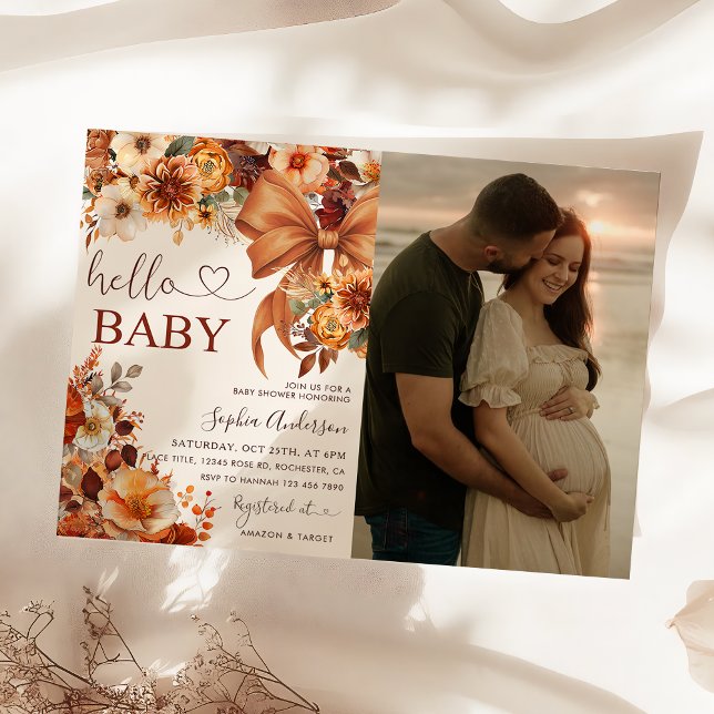 Invitación Boho Fall Floral Hello Baby Baby Shower Photo (Subido por el creador)