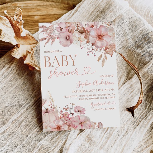 Invitación Boho Fall Floral Pumpkin Baby Shower  (Subido por el creador)