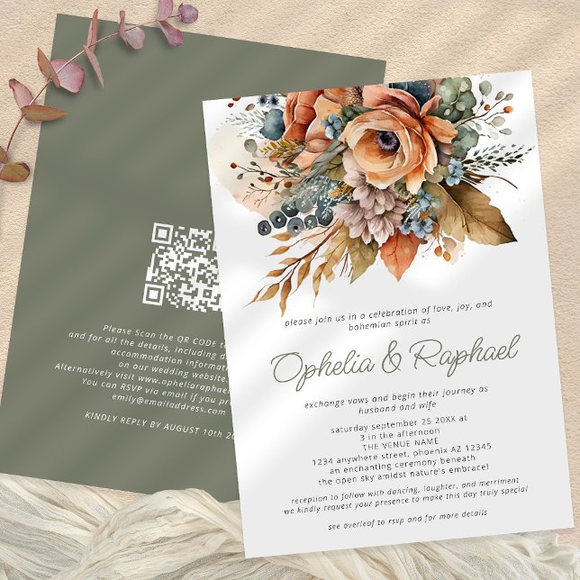 Invitación Boho Fall Florals Sage Bohemian Boda (Front and back)