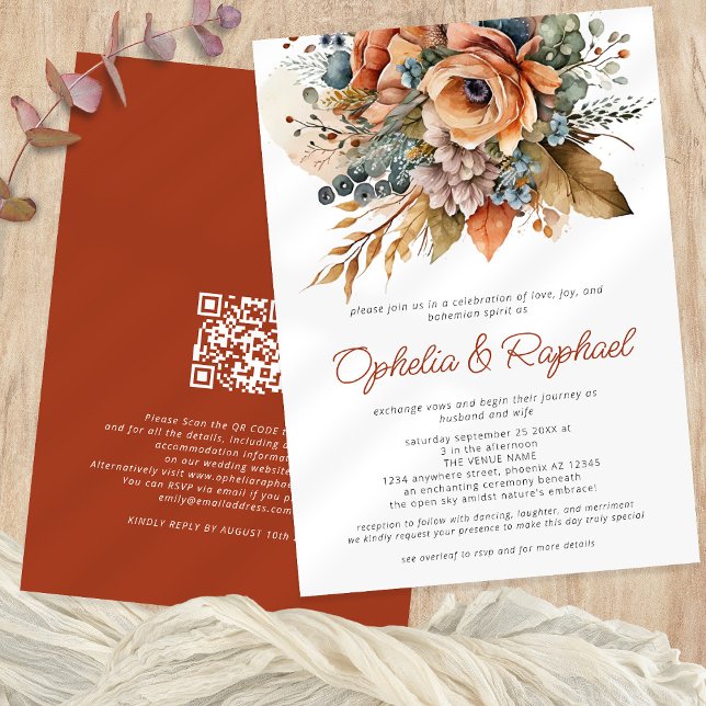 Invitación Boho Fall Florals Terracotta Bohemira Boda (Front and back)
