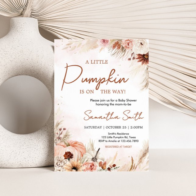 Invitación Boho Fall Pumpkin Pampas Grasa Baby Shower (Boho Autumn Fall Pumpkin Pampas Grass Baby Shower Invitation)